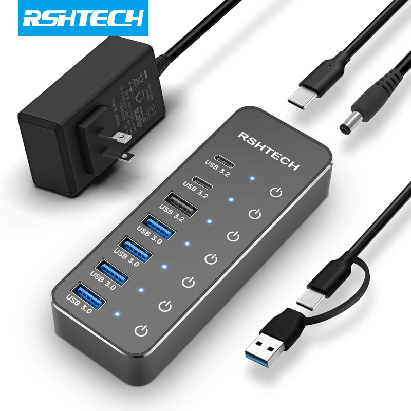 RSHTECH 전원 USB 허브 3.2 USB C 분배기