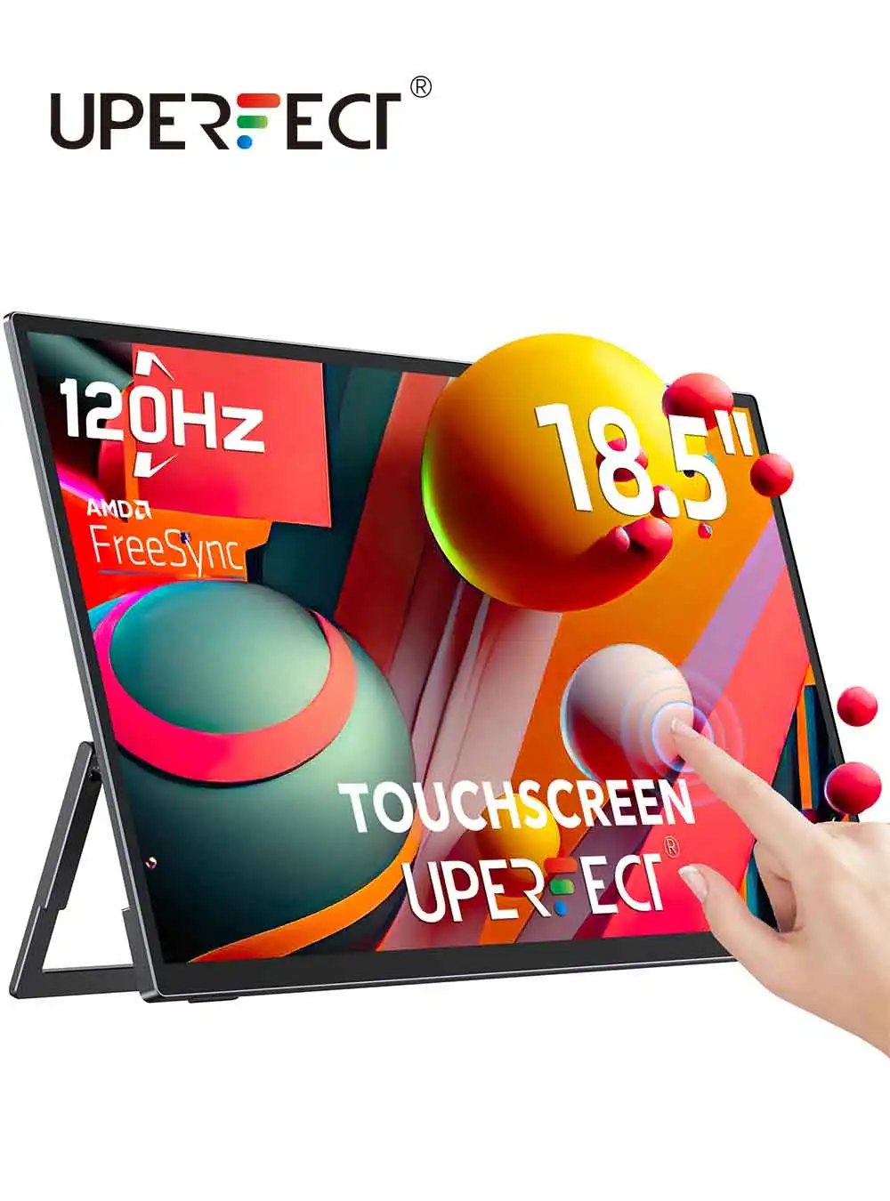 UPERFECT 휴대용 모니터 터치스크린 18.5인치 120hz(VESA 포함) 및 180° 조절식 스탠드 초슬림 및 경량 UHD FreeSync IPS HDR 게임 디스플레이 USB C 여행용 보조 모니터 노트북 PC Mac 스위치 iPhone HUAWEI 전화